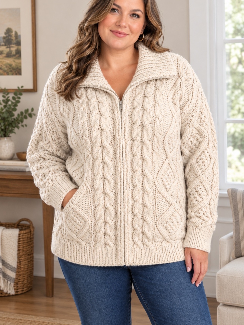 Otavalo handmade an Ecuador fisherman 100% Wool Zip Front Cardigan chunky